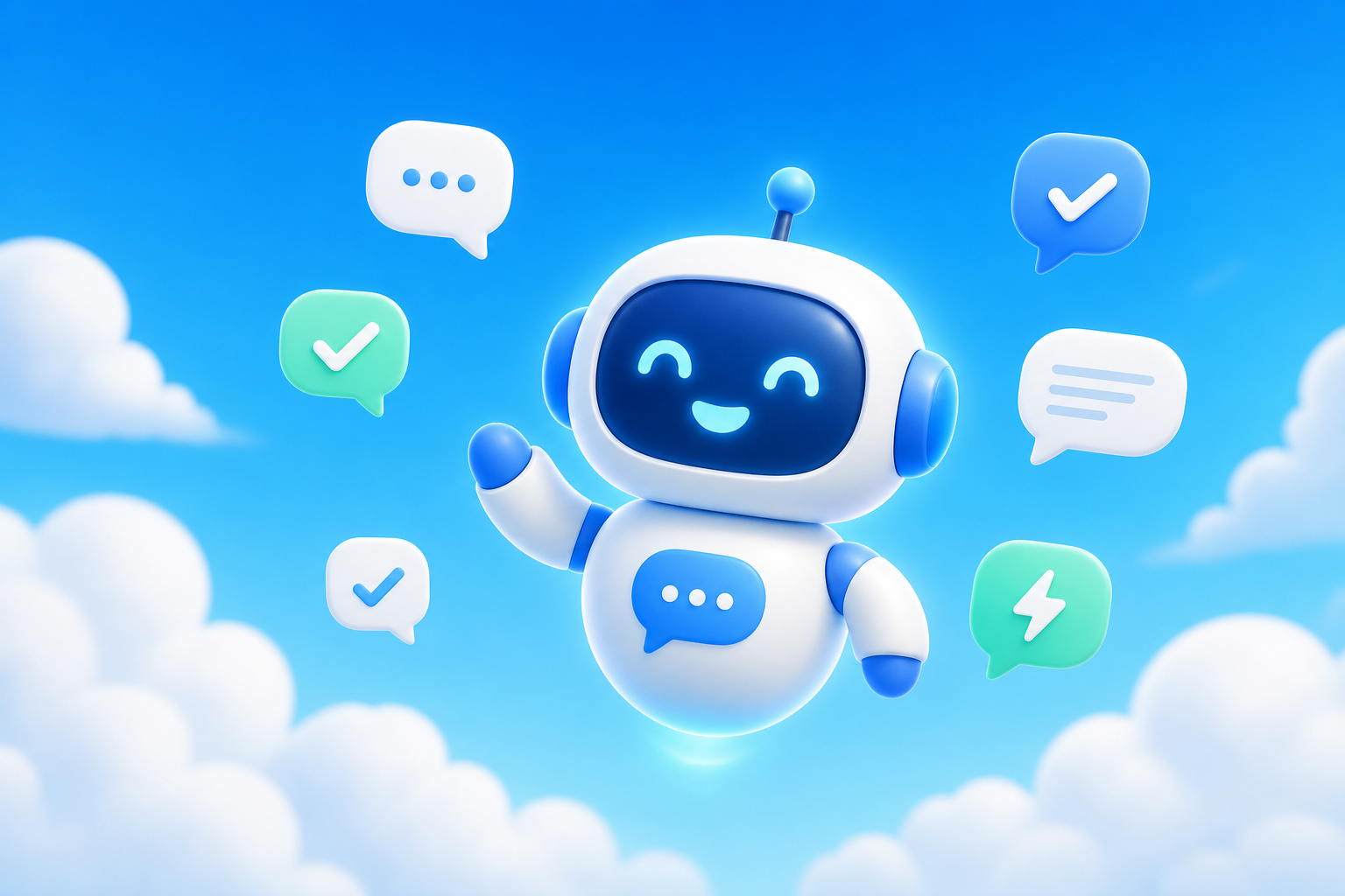 A friendly Knowa chat bot floating in a bright blue sky