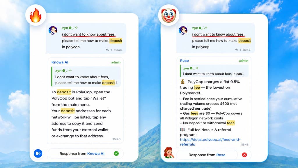 Side-by-side Telegram chat: Knowa AI answers a deposit question clearly from the docs while Rose gives a rambling, off-topic reply